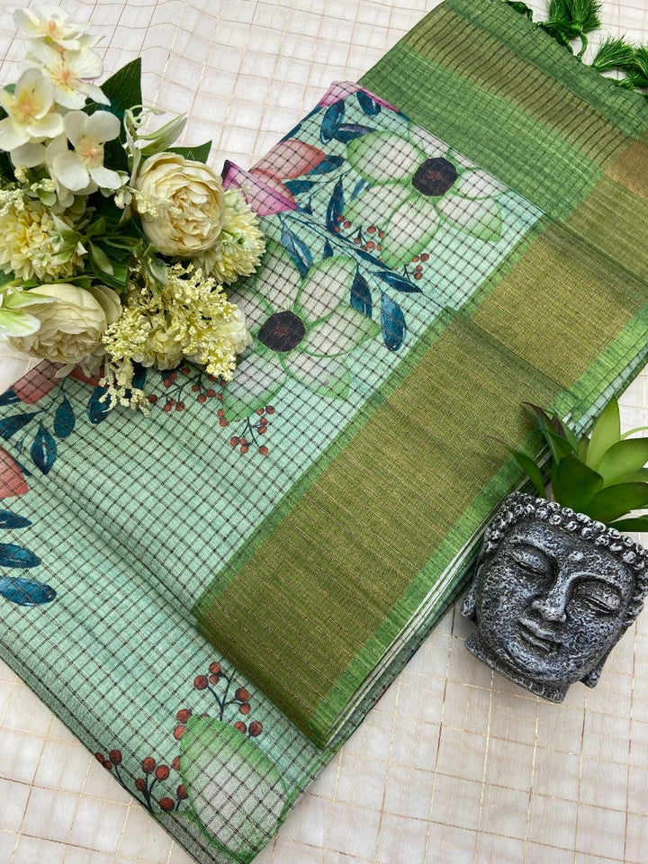 Pista Green Tussar Silk Floral Checks Saree