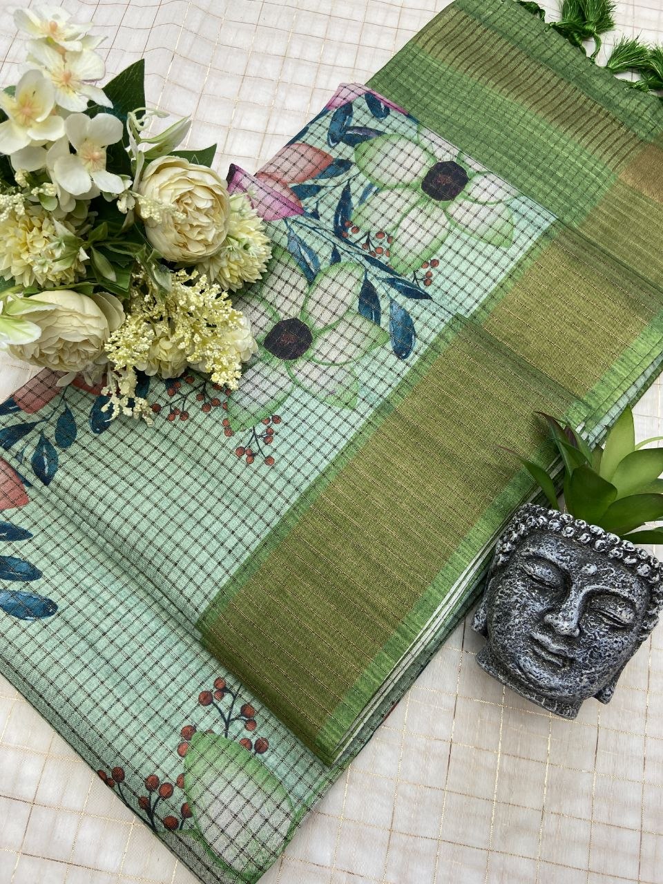 Pista Green Tussar Silk Floral Checks Saree