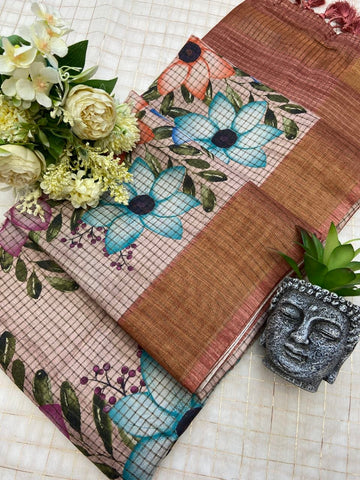 Copper Peach Tussar Silk Floral Checks Saree