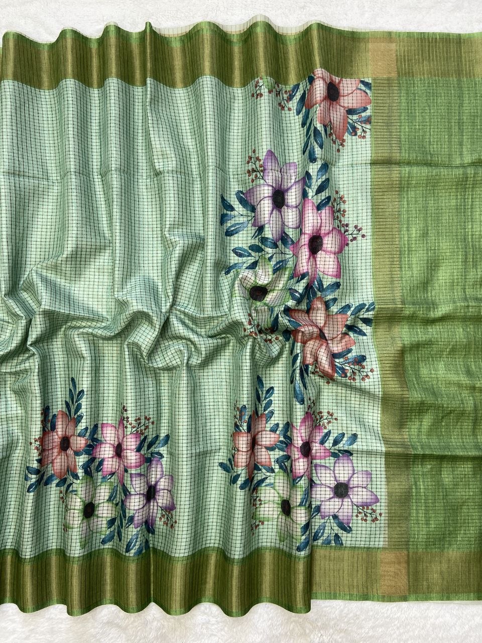 Pista Green Tussar Silk Floral Checks Saree, view 2