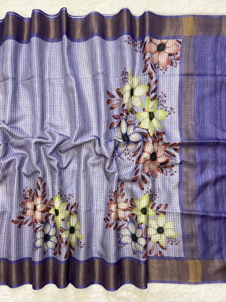 Lavender Blue Tussar Silk Floral Checks Saree, view 2