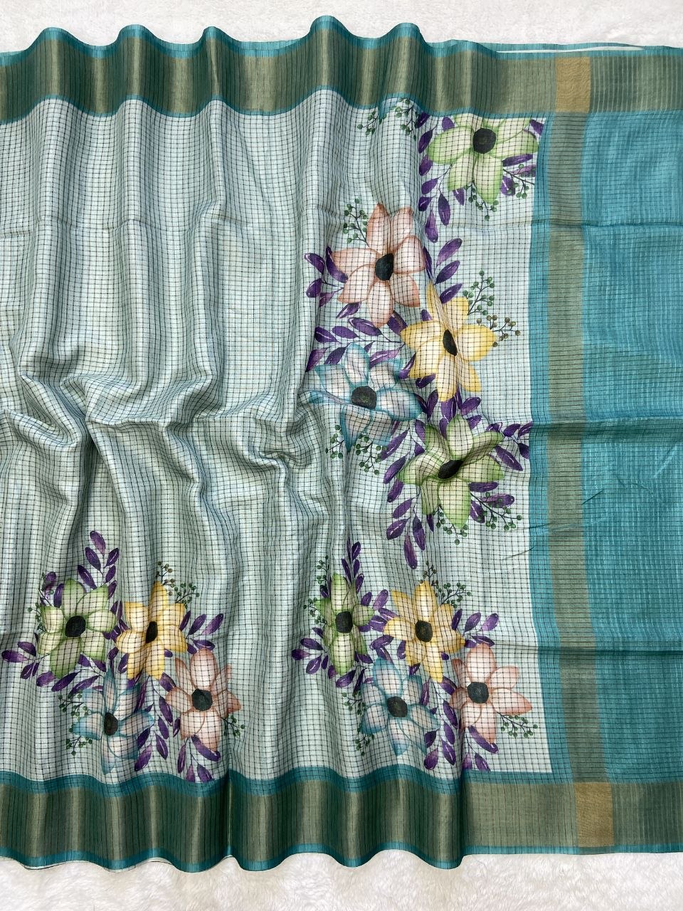 Teal Tussar Silk Floral Checks Saree, view 2