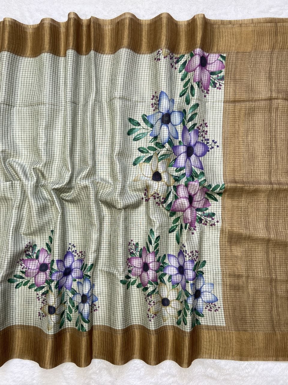 Mustard Brown Tussar Silk Floral Checks Saree, view 2
