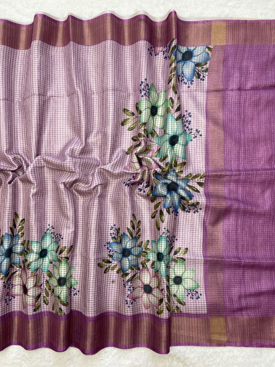 Mauve Tussar Silk Floral Checks Saree