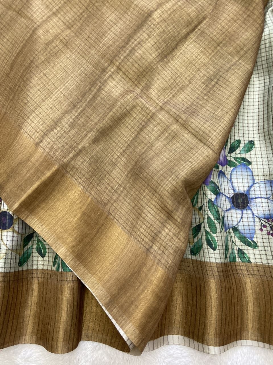 Mustard Brown Tussar Silk Floral Checks Saree, view 3