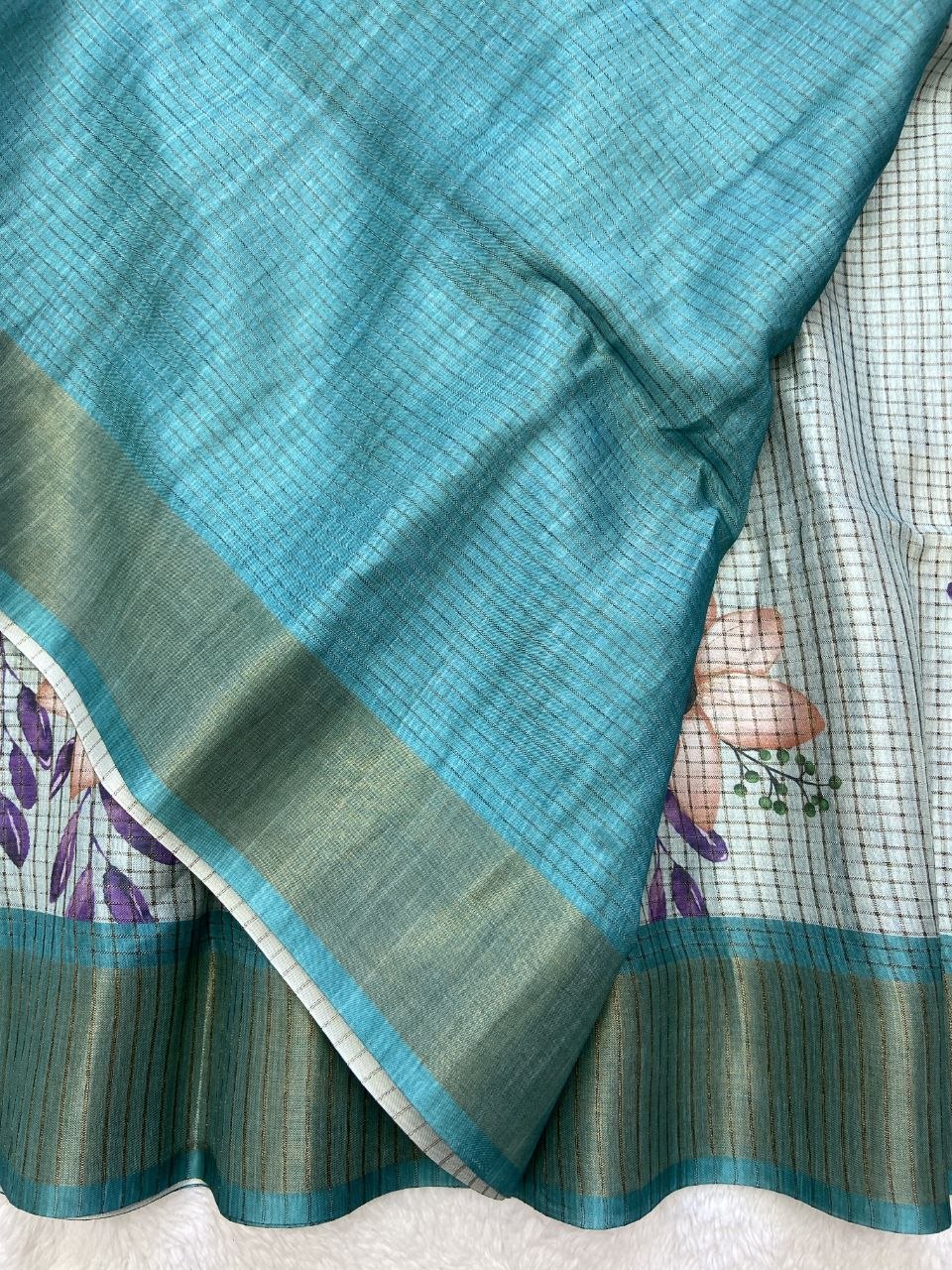 Teal Tussar Silk Floral Checks Saree, view 3