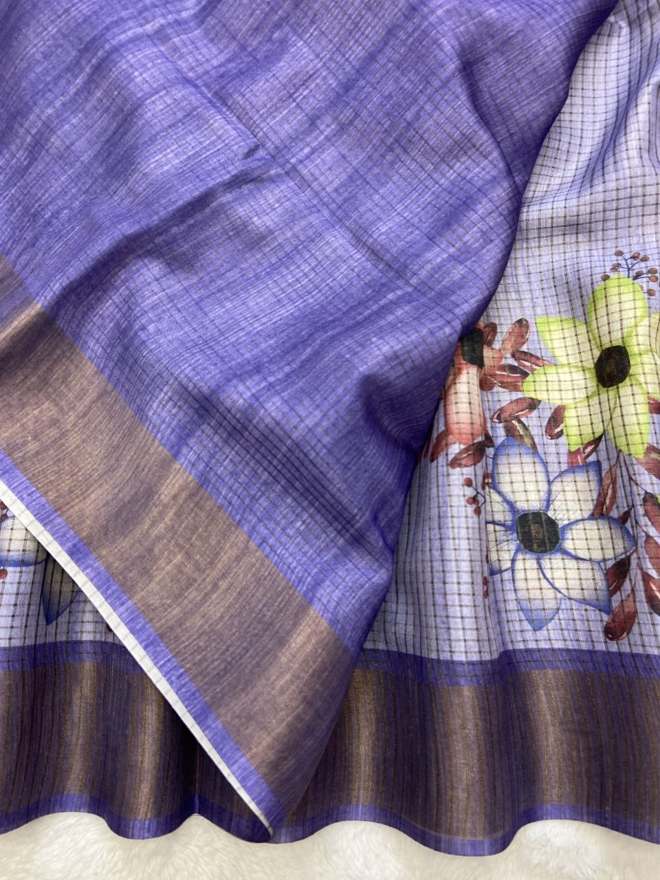Lavender Blue Tussar Silk Floral Checks Saree, view 3