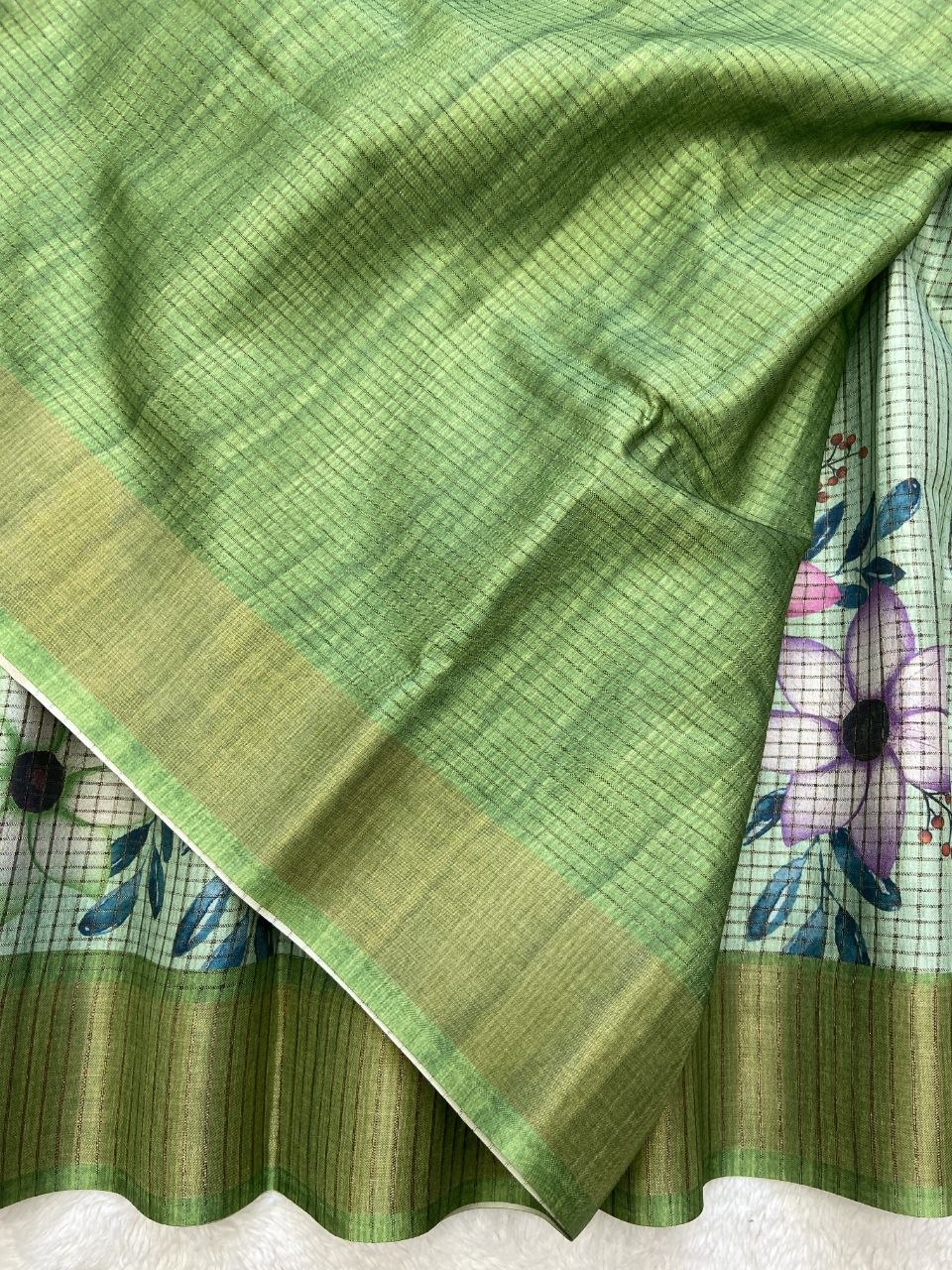 Pista Green Tussar Silk Floral Checks Saree, view 3