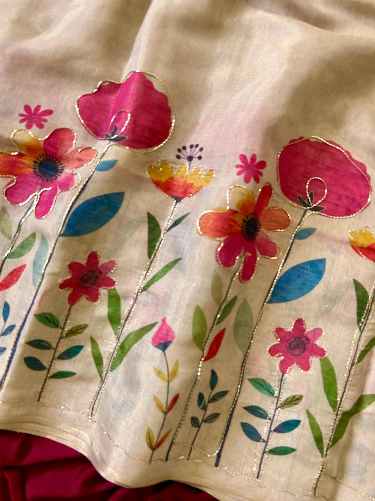 Cream Tissue Silk Floral Print Saree with Aari Pallu, view 6