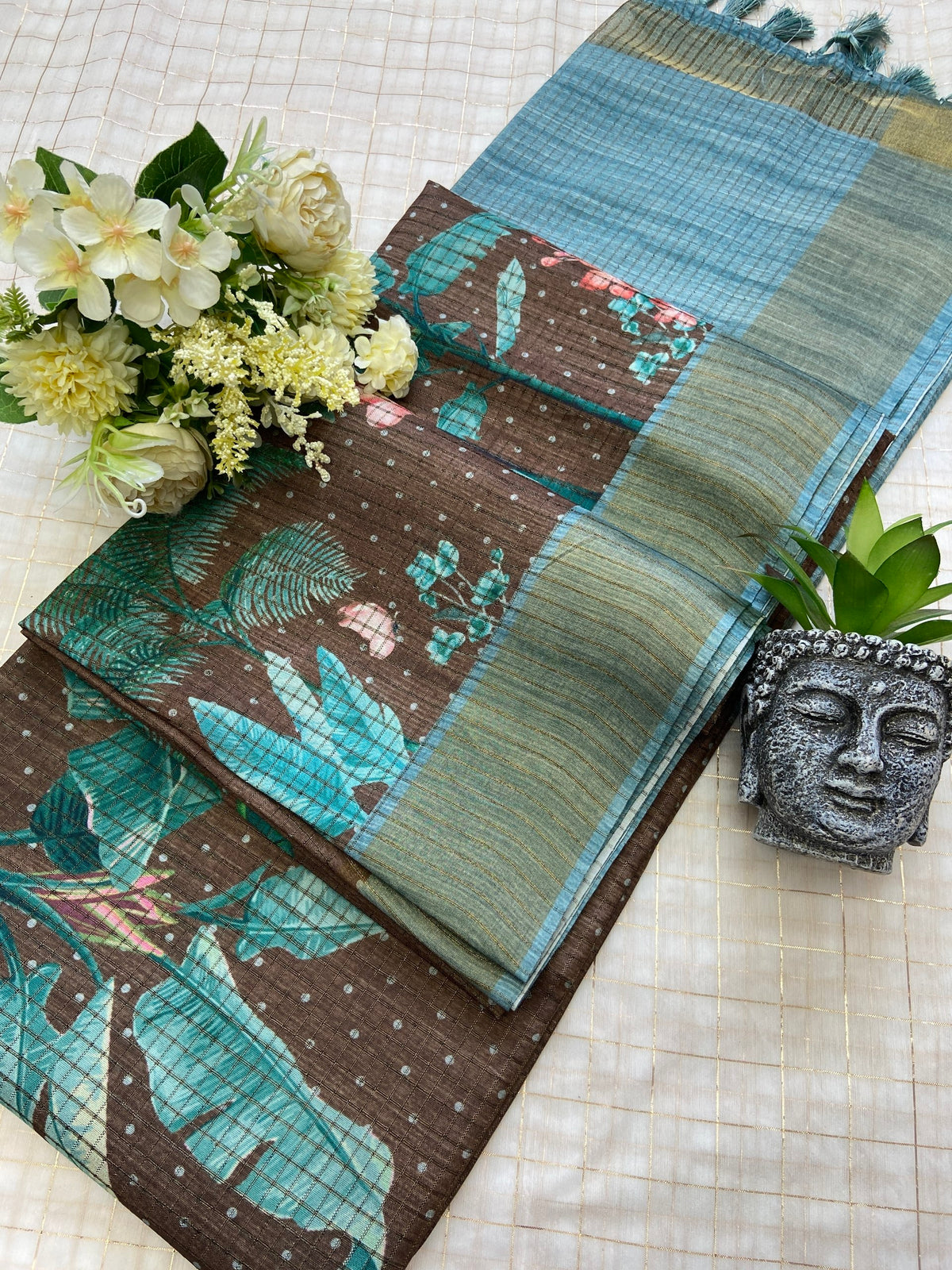 Brown and Sky Blue Tussar Silk Tropical Print Saree