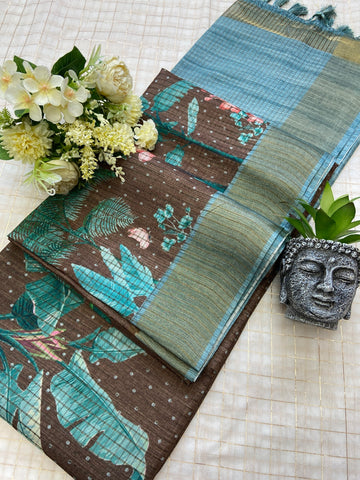 Brown and Sky Blue Tussar Silk Tropical Print Saree