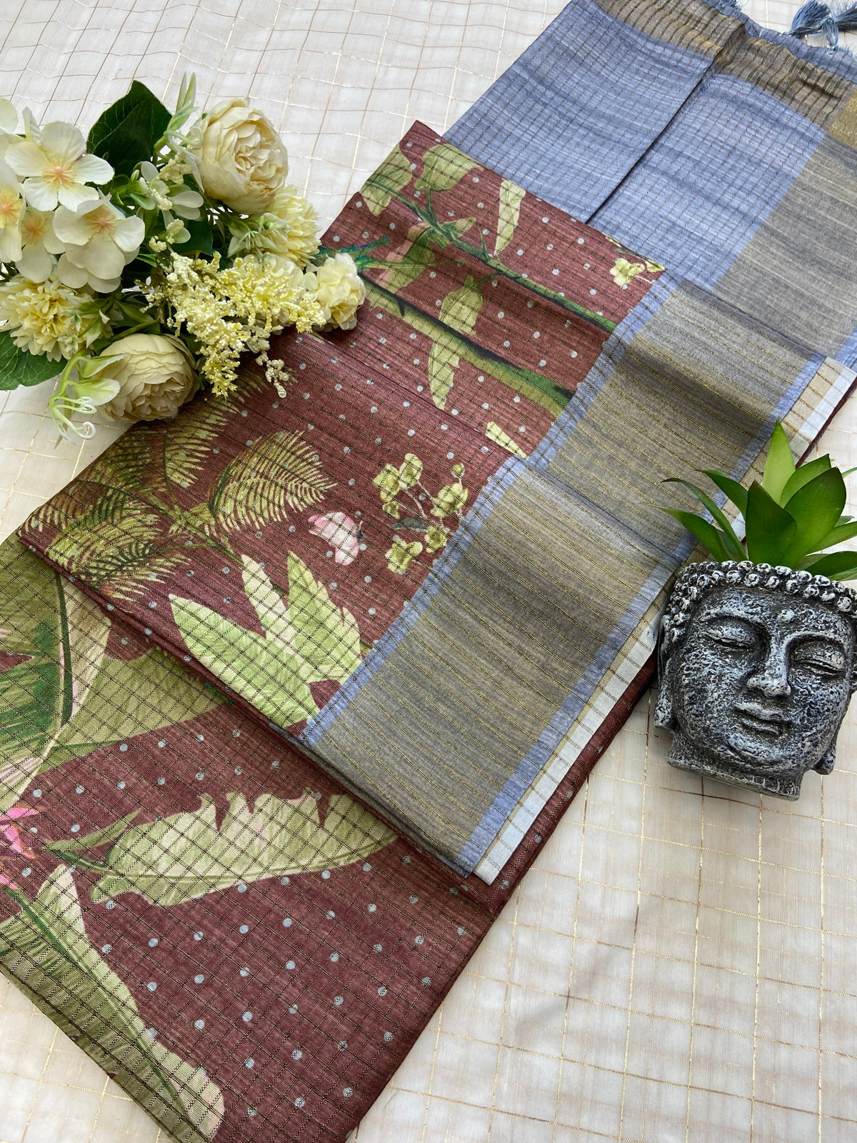 Brown and Grey Tussar Silk Tropical Print Saree