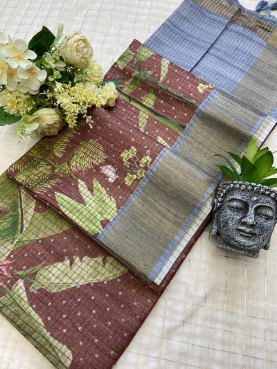 Brown and Grey Tussar Silk Tropical Print Saree