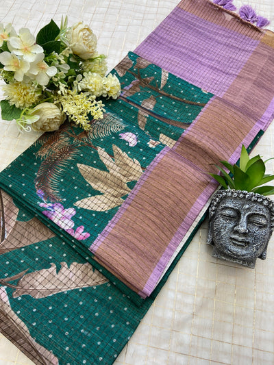 Green and Lavender Tussar Silk Tropical Print Saree