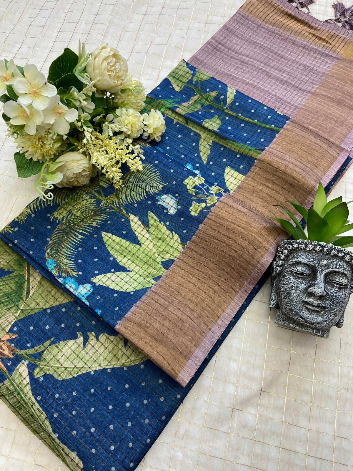 Blue and Pink Tussar Silk Tropical Print Saree