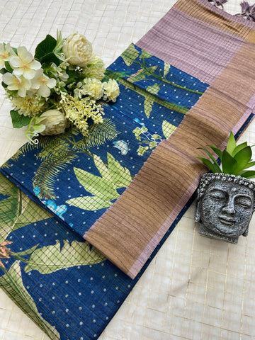 Blue and Pink Tussar Silk Tropical Print Saree