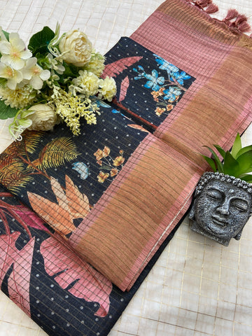 Black and Peach Tussar Silk Tropical Print Saree