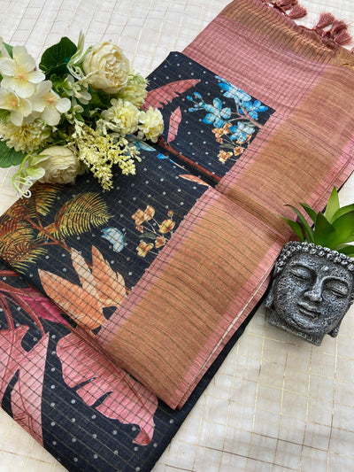 Black and Peach Tussar Silk Tropical Print Saree