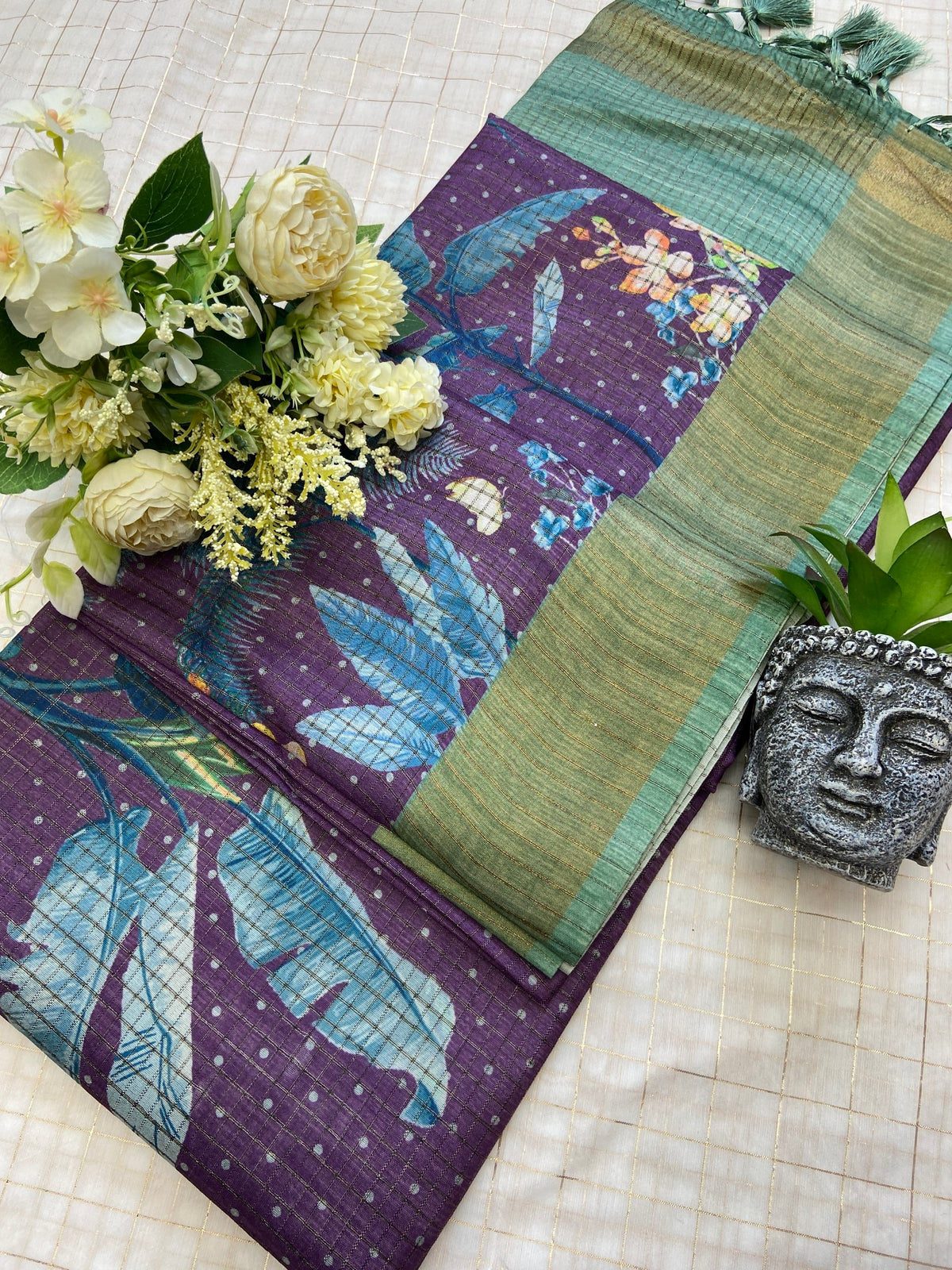 Purple and Green Tussar Silk Tropical Print Saree