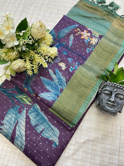 Purple and Green Tussar Silk Tropical Print Saree