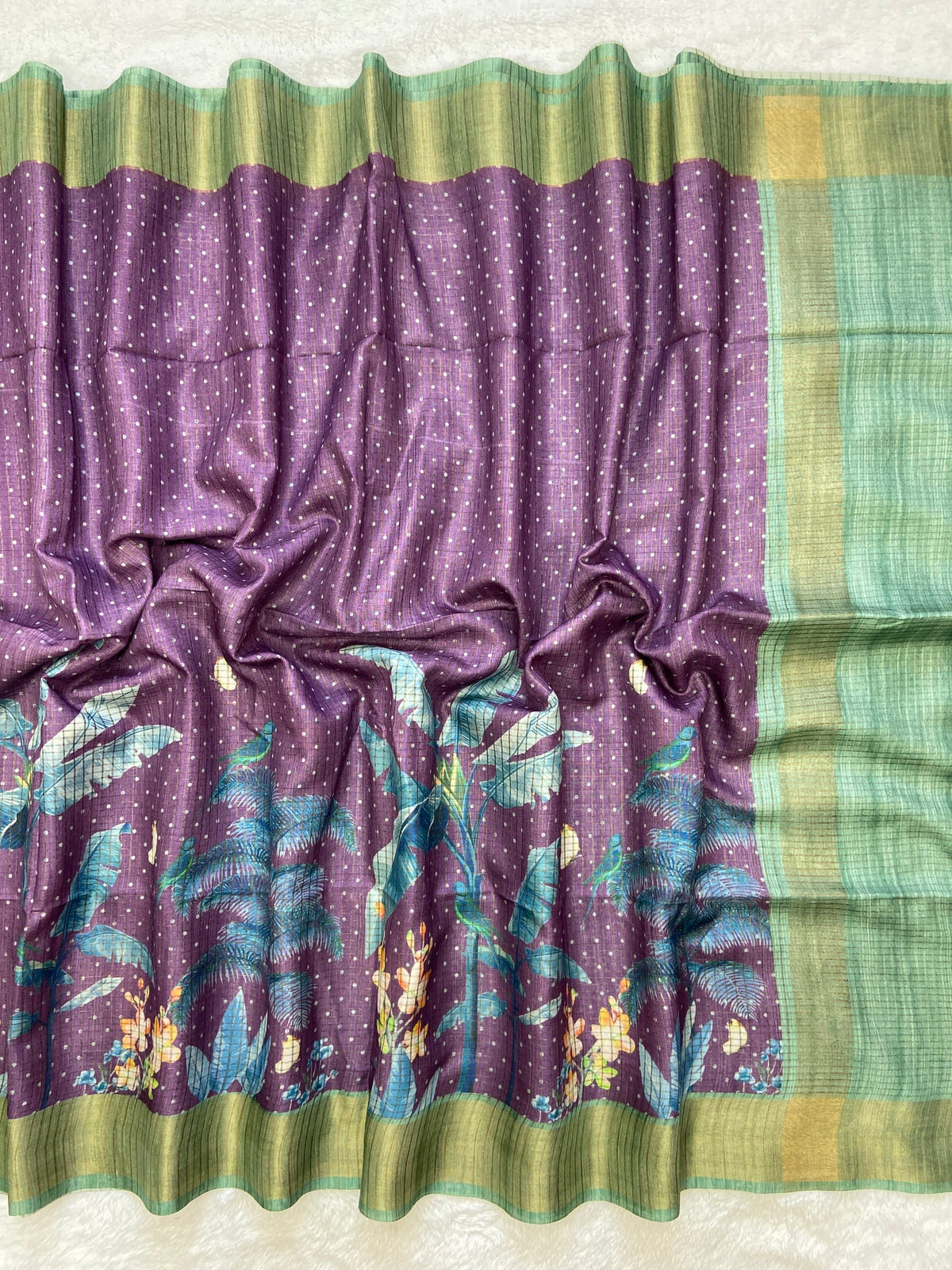 Purple and Green Tussar Silk Tropical Print Saree, view 2