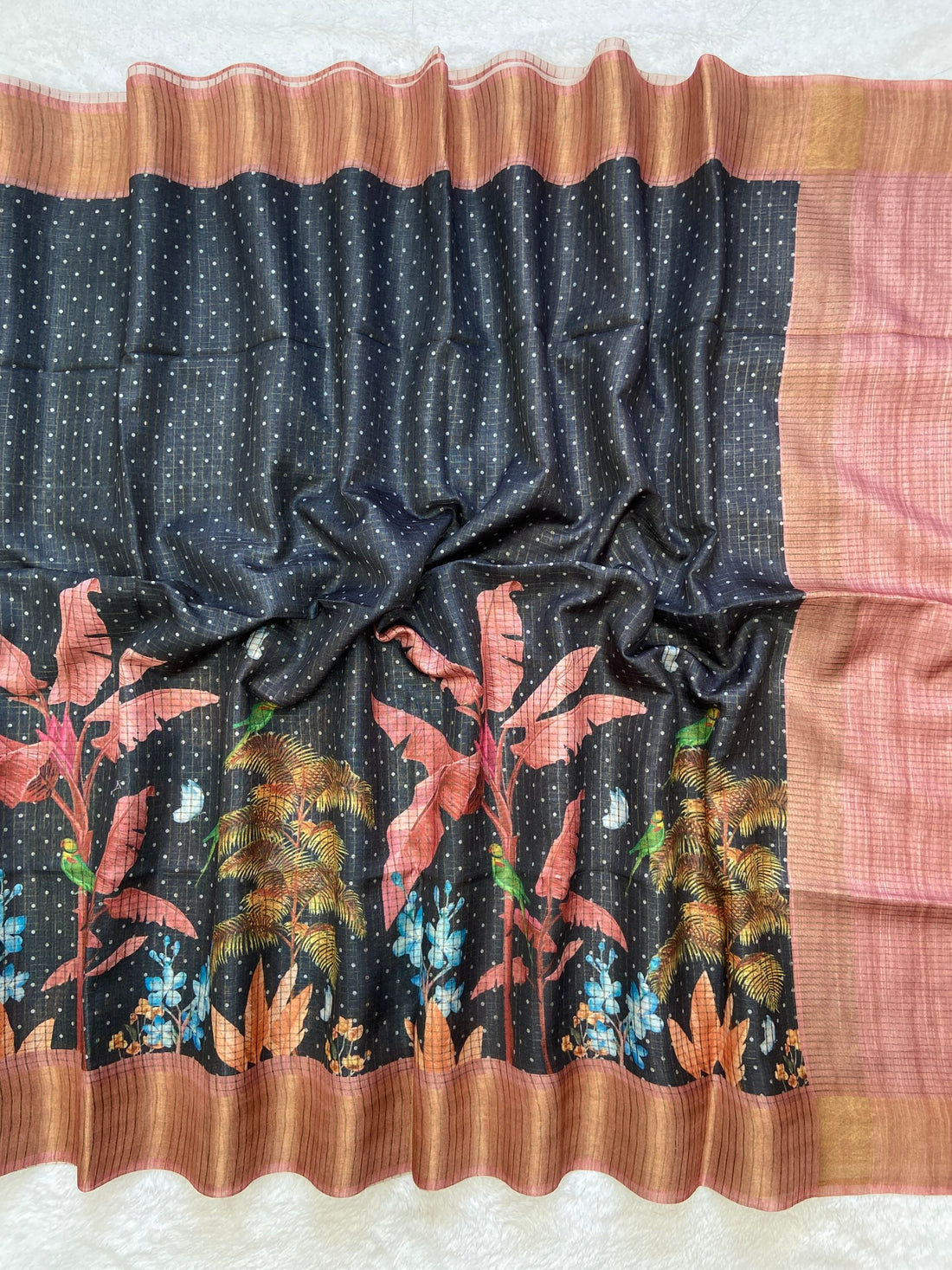 Black and Peach Tussar Silk Tropical Print Saree