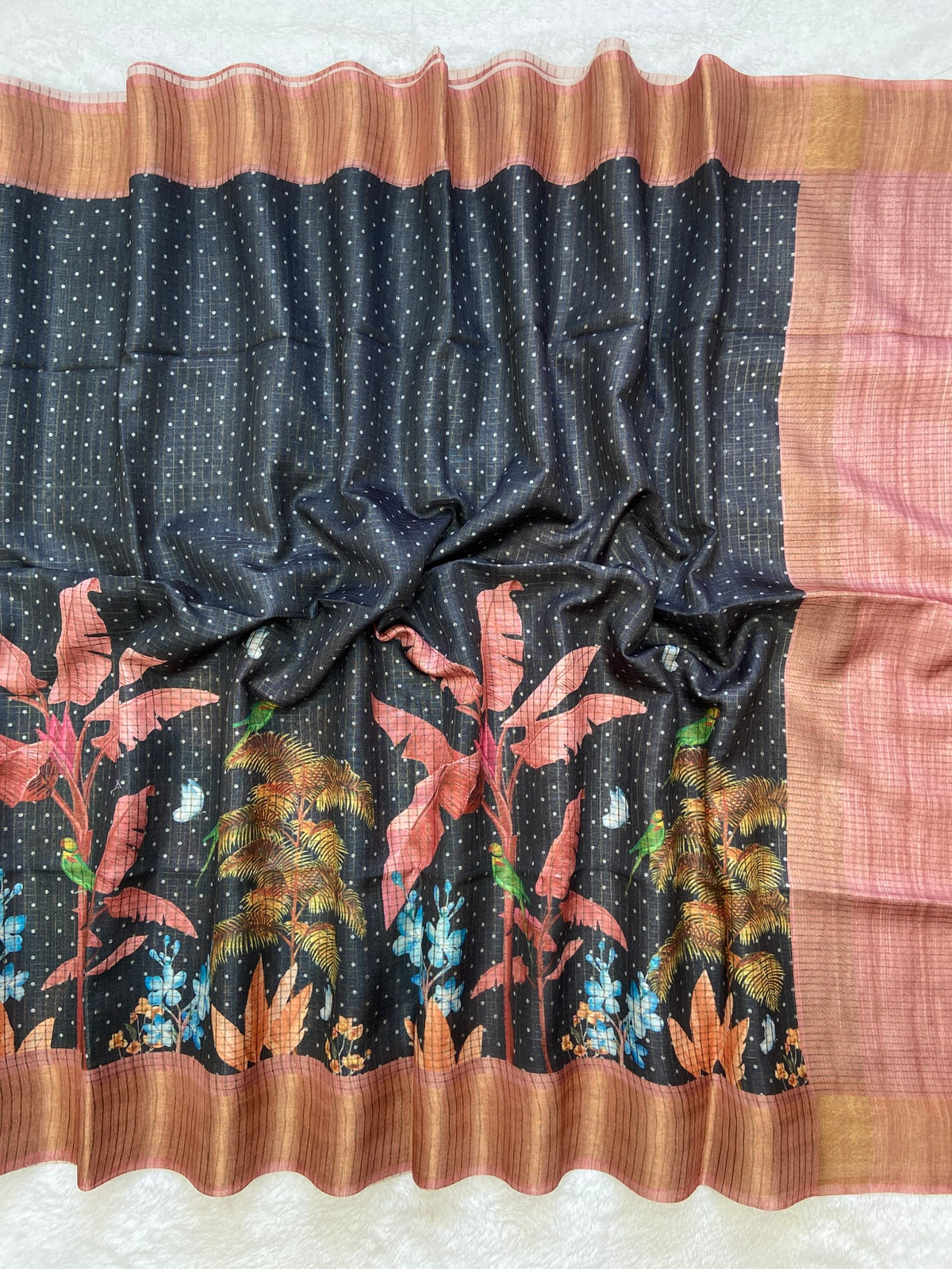 Black and Peach Tussar Silk Tropical Print Saree, view 2