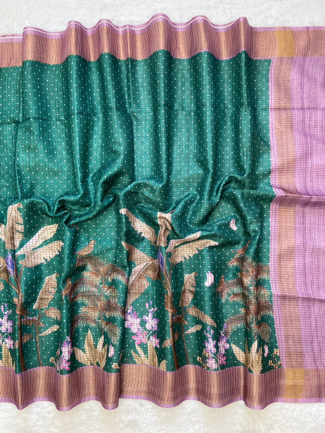 Green and Lavender Tussar Silk Tropical Print Saree