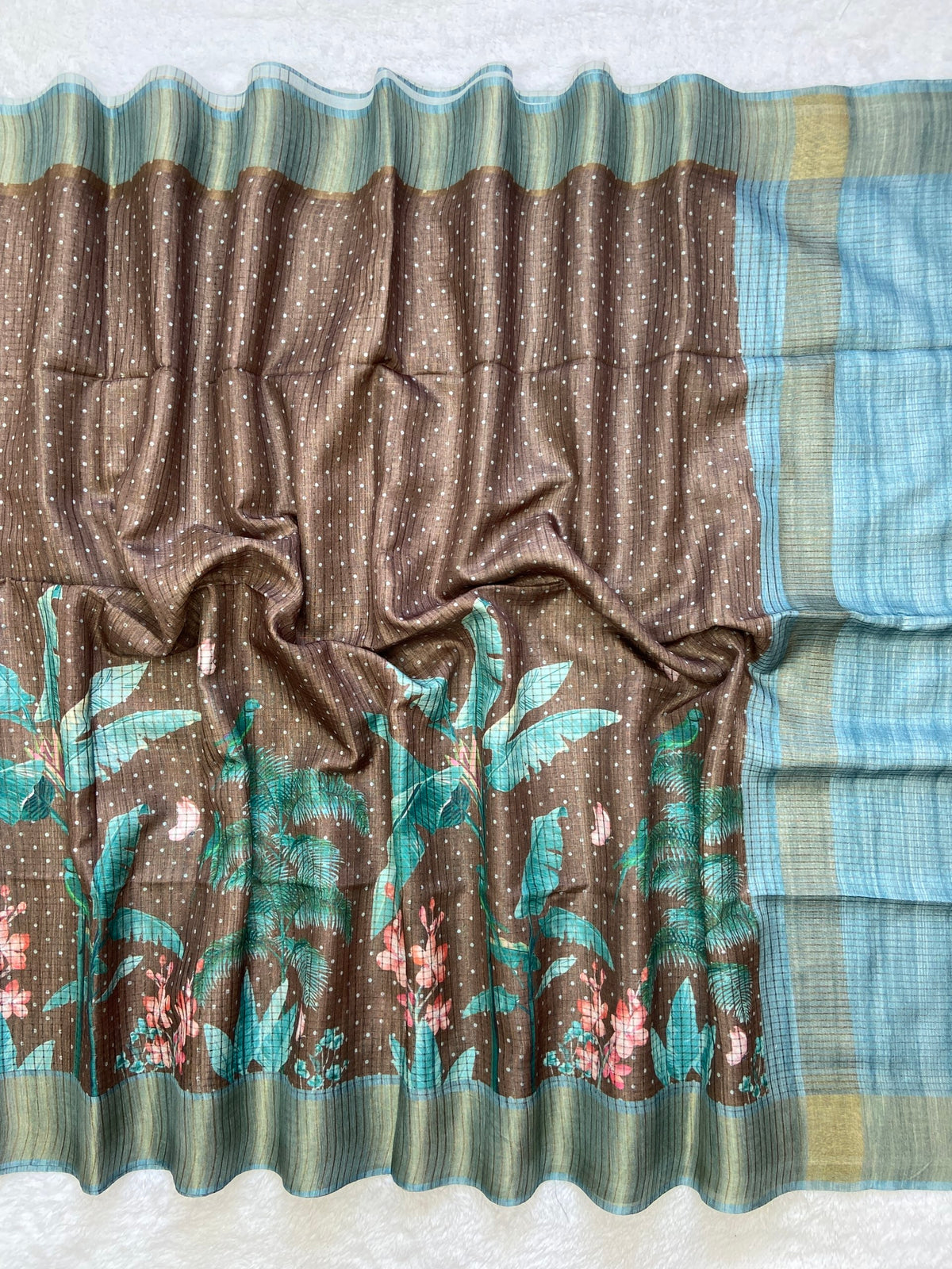 Brown and Sky Blue Tussar Silk Tropical Print Saree, view 2