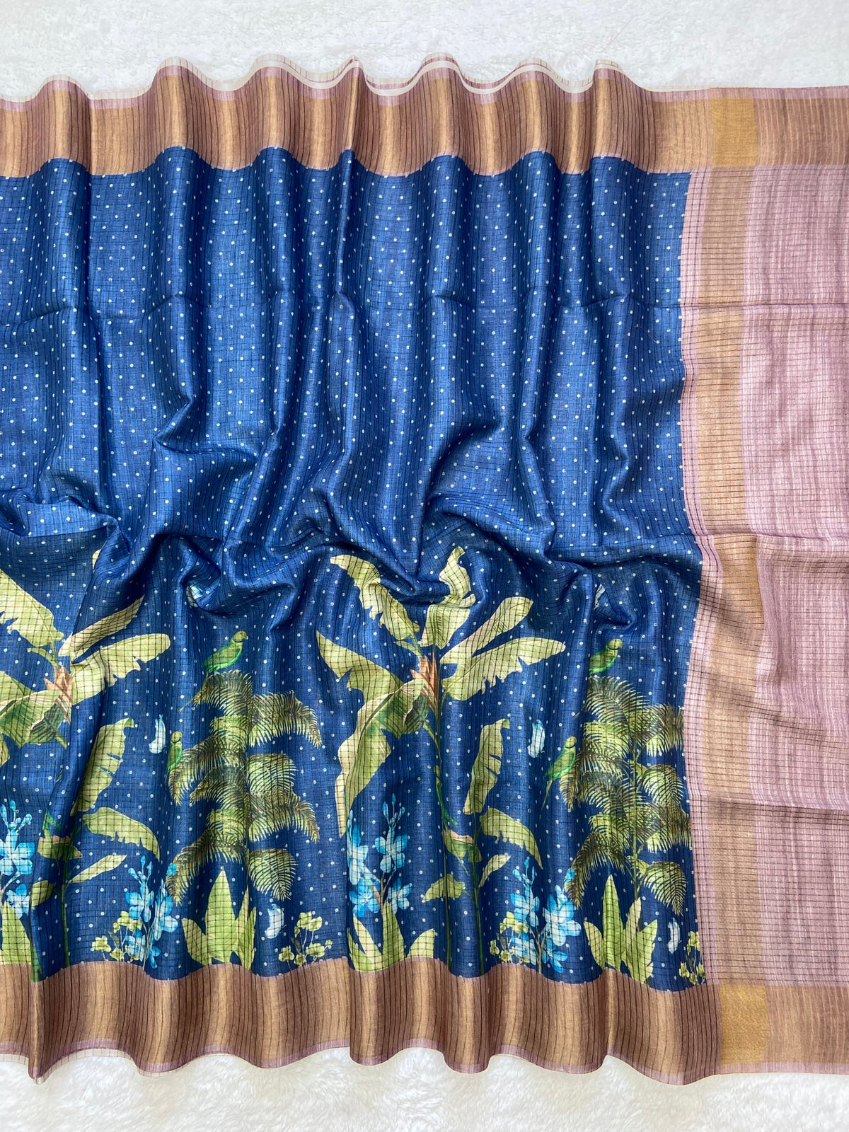 Blue and Pink Tussar Silk Tropical Print Saree, view 2