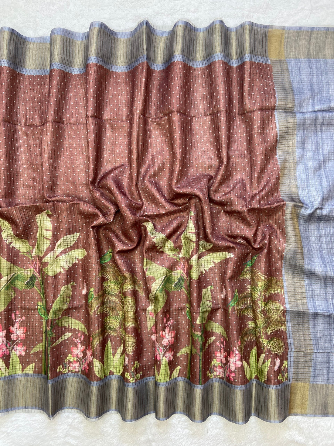 Brown and Grey Tussar Silk Tropical Print Saree