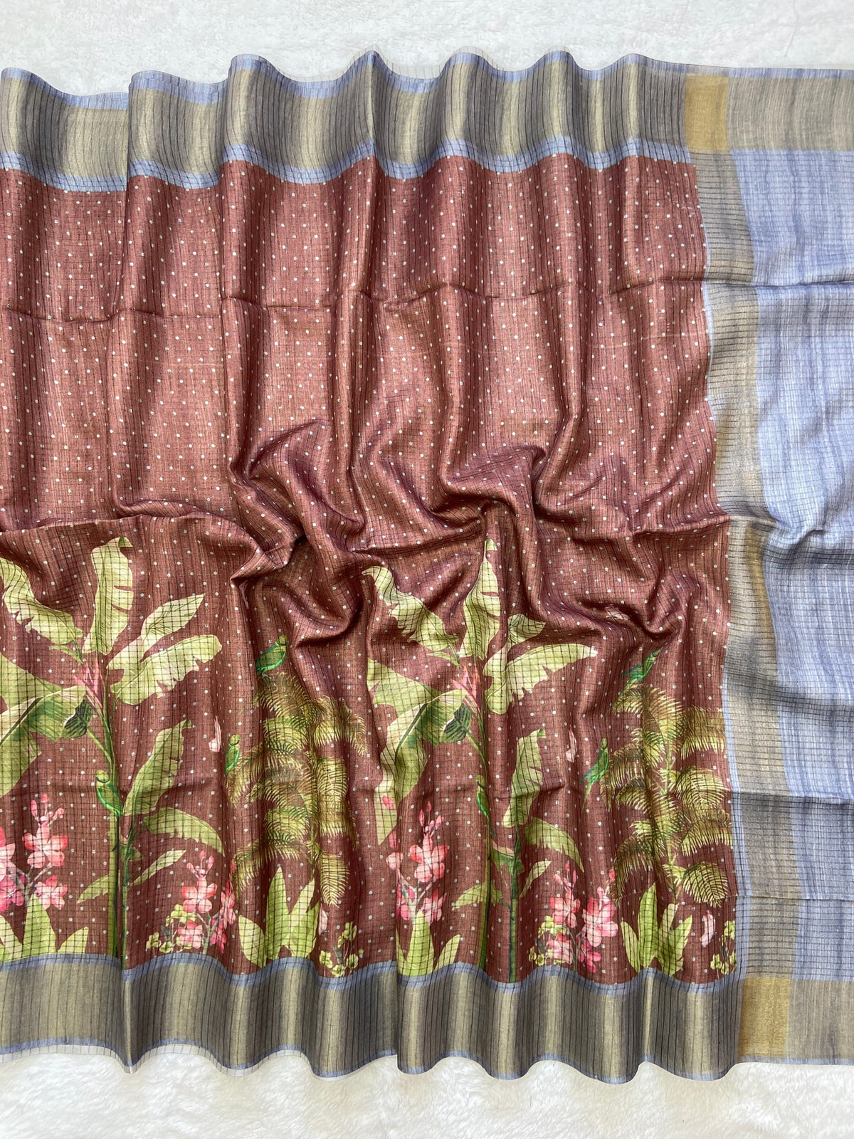 Brown and Grey Tussar Silk Tropical Print Saree, view 2