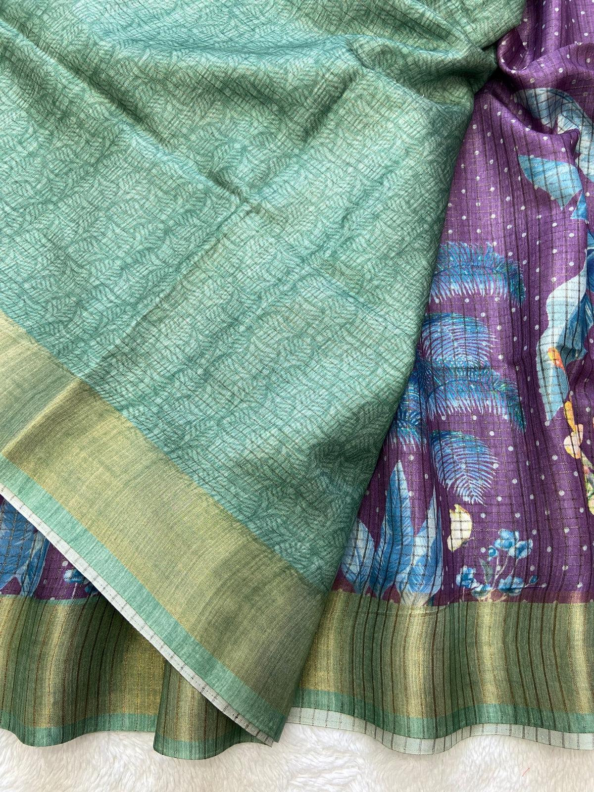 Purple and Green Tussar Silk Tropical Print Saree, view 3