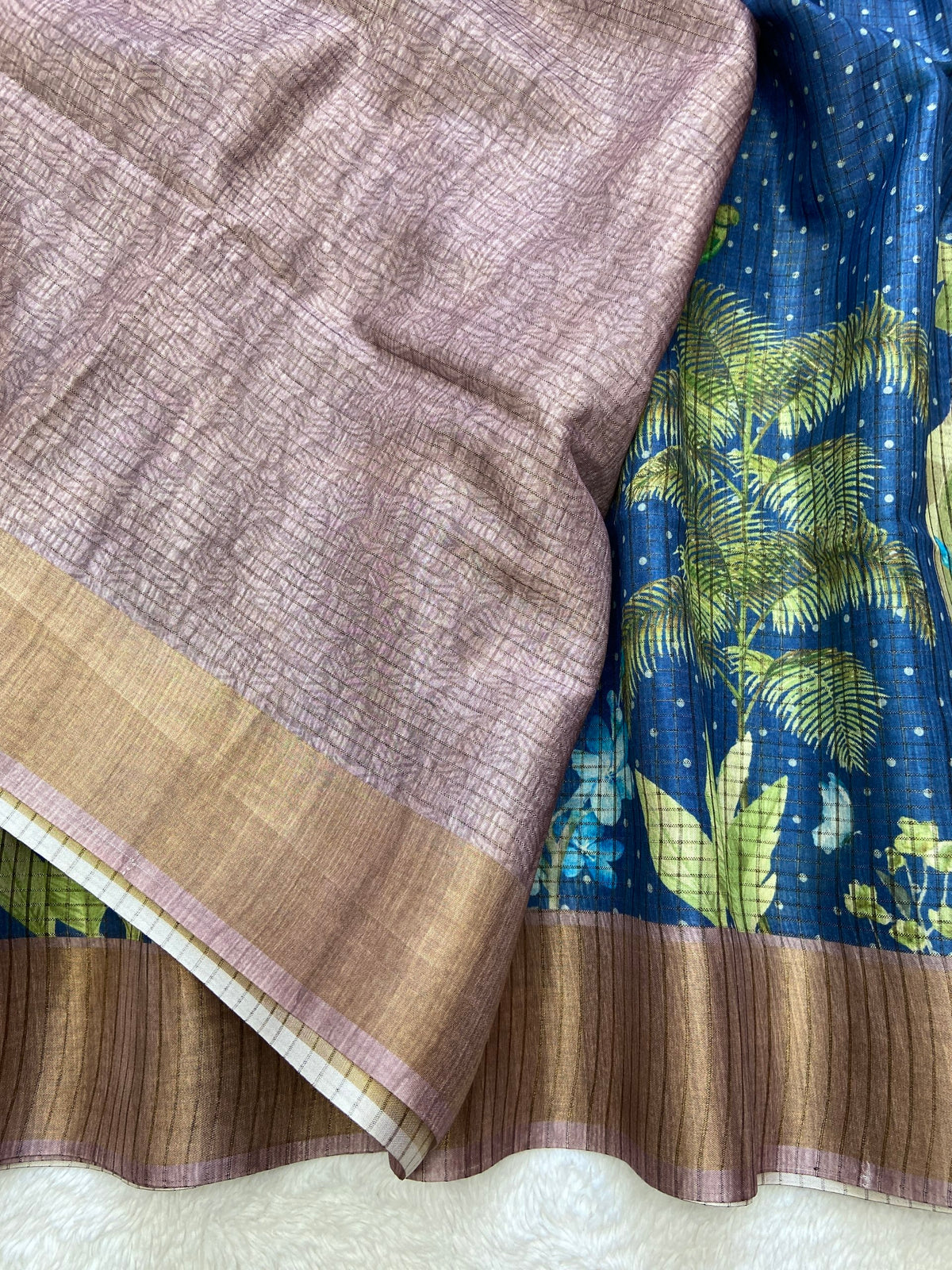 Blue and Pink Tussar Silk Tropical Print Saree, view 3