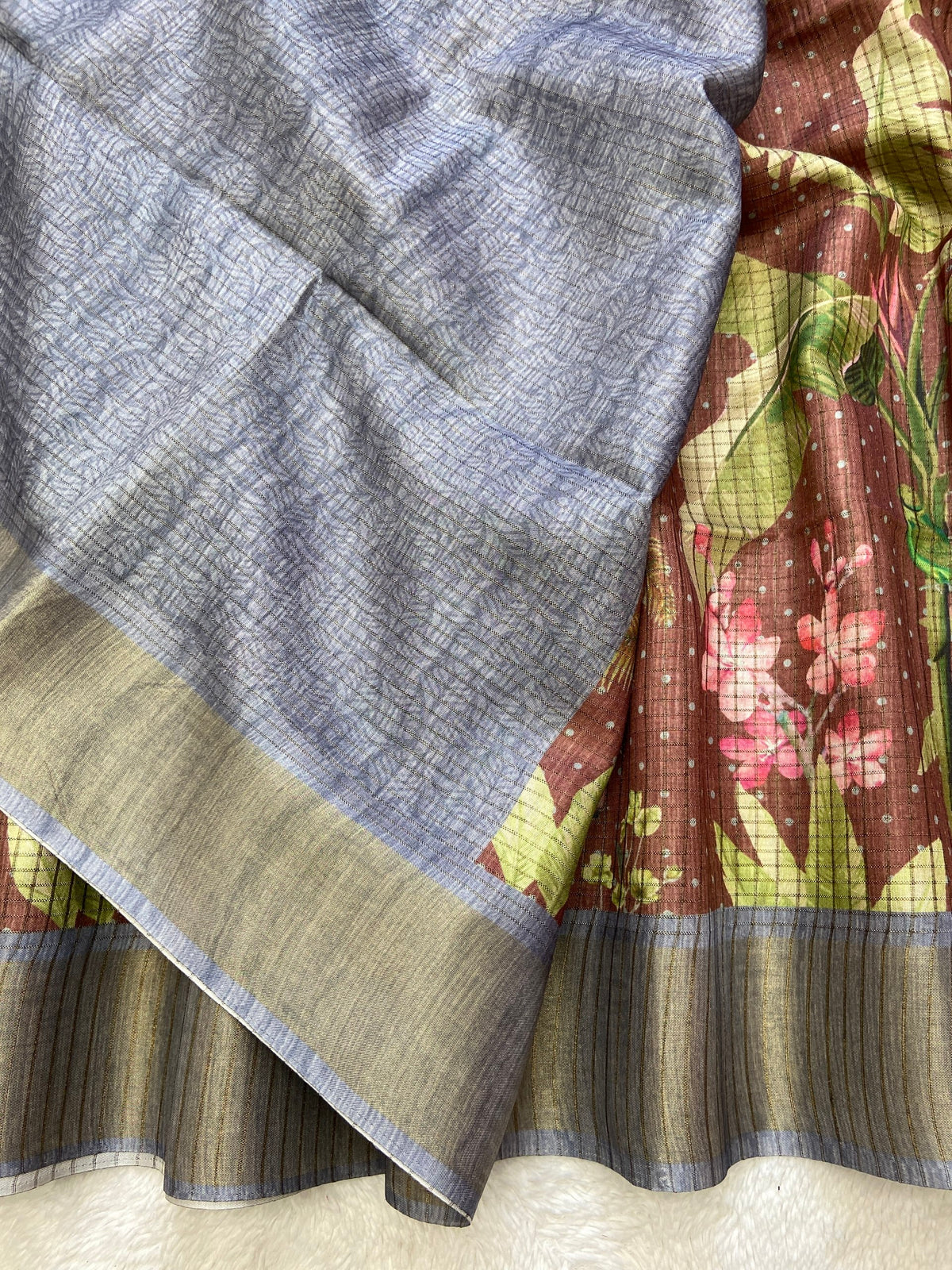 Brown and Grey Tussar Silk Tropical Print Saree, view 3