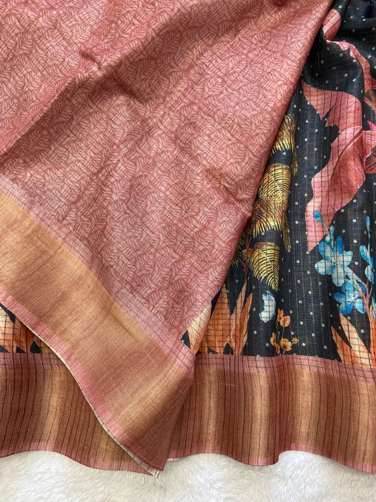 Black and Peach Tussar Silk Tropical Print Saree, view 3