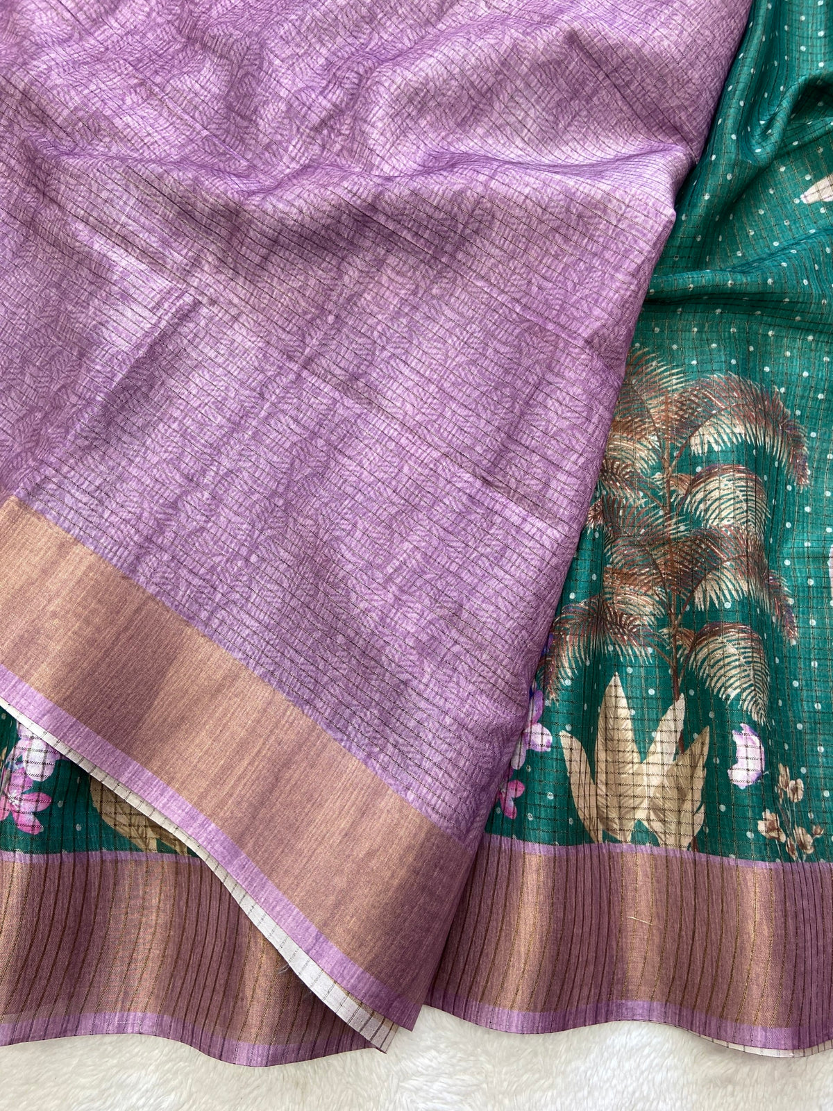 Green and Lavender Tussar Silk Tropical Print Saree, view 3