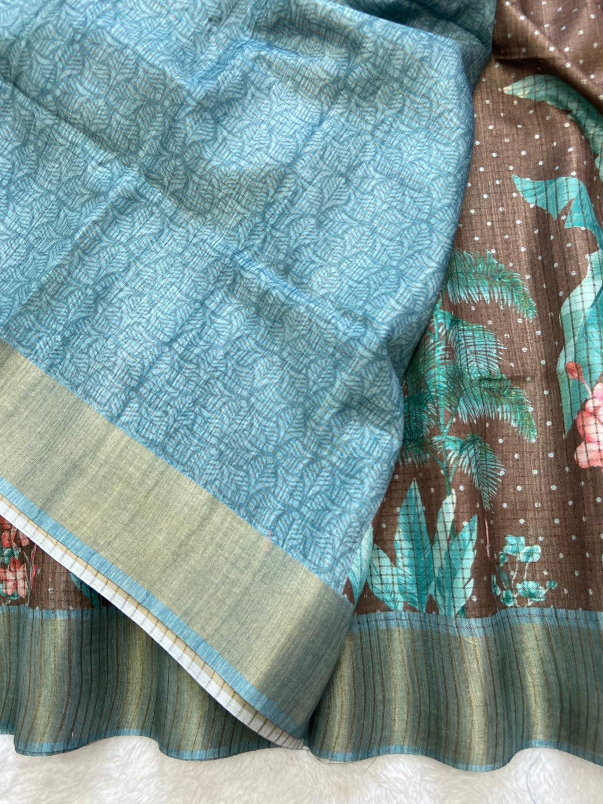 Brown and Sky Blue Tussar Silk Tropical Print Saree, view 3
