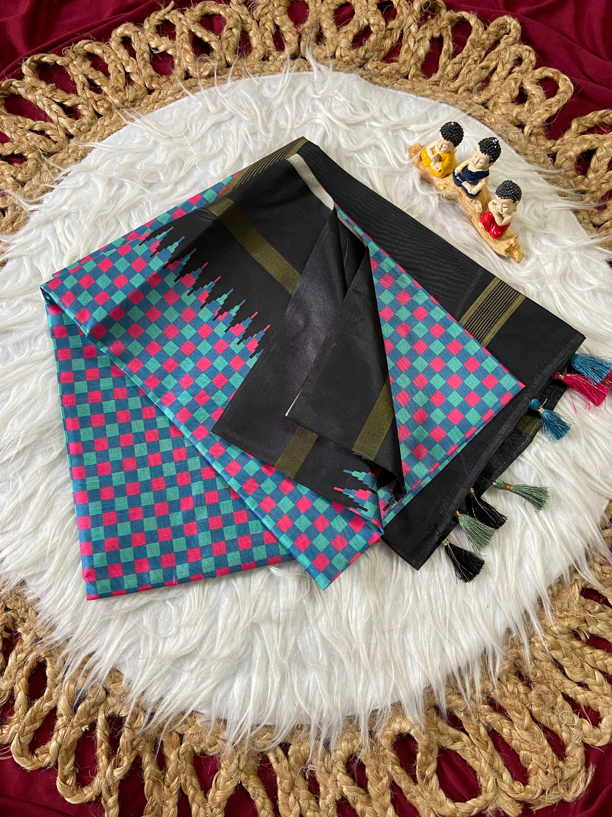 Black and Teal Tussar Silk Check Pallu Saree