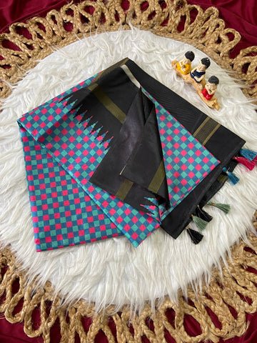 Black and Teal Tussar Silk Check Pallu Saree
