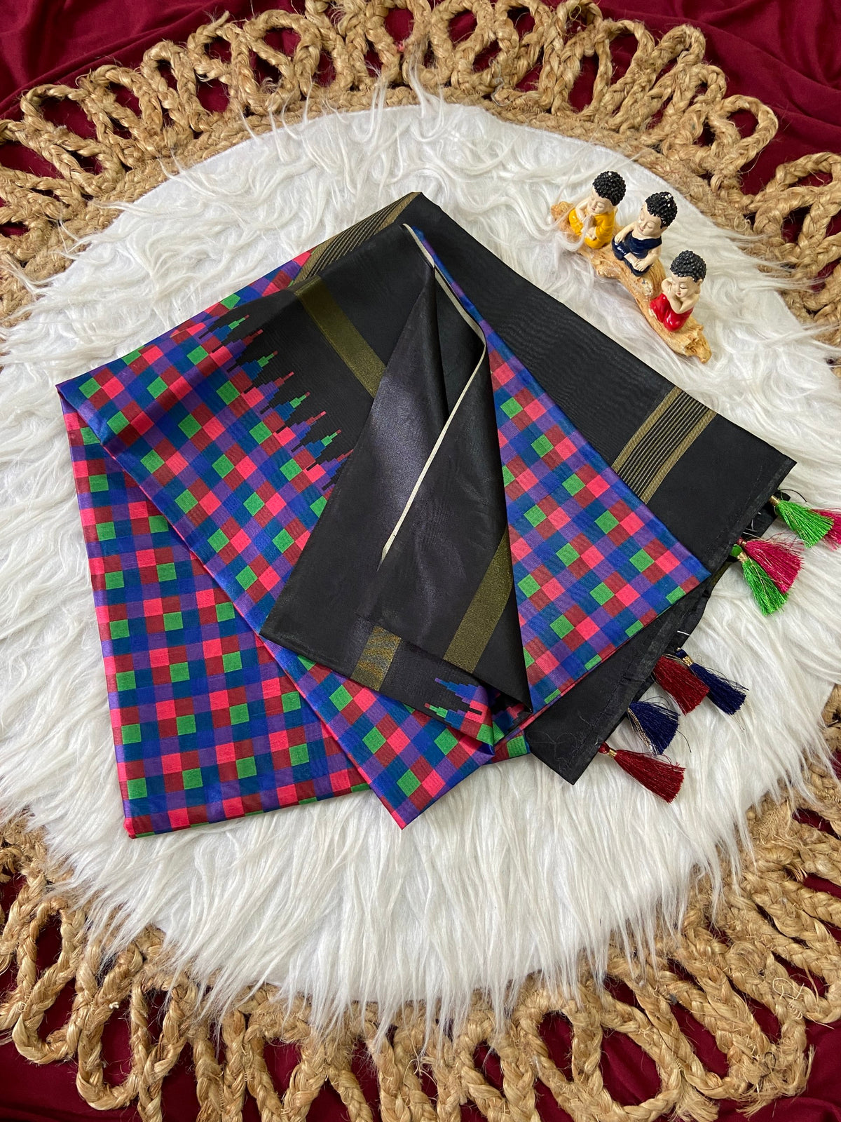 Black and Blue Tussar Silk Check Pallu Saree