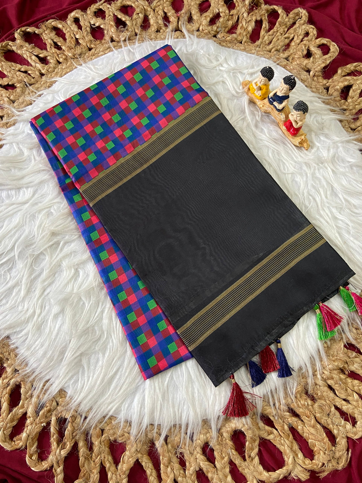 Black and Blue Tussar Silk Check Pallu Saree, view 2