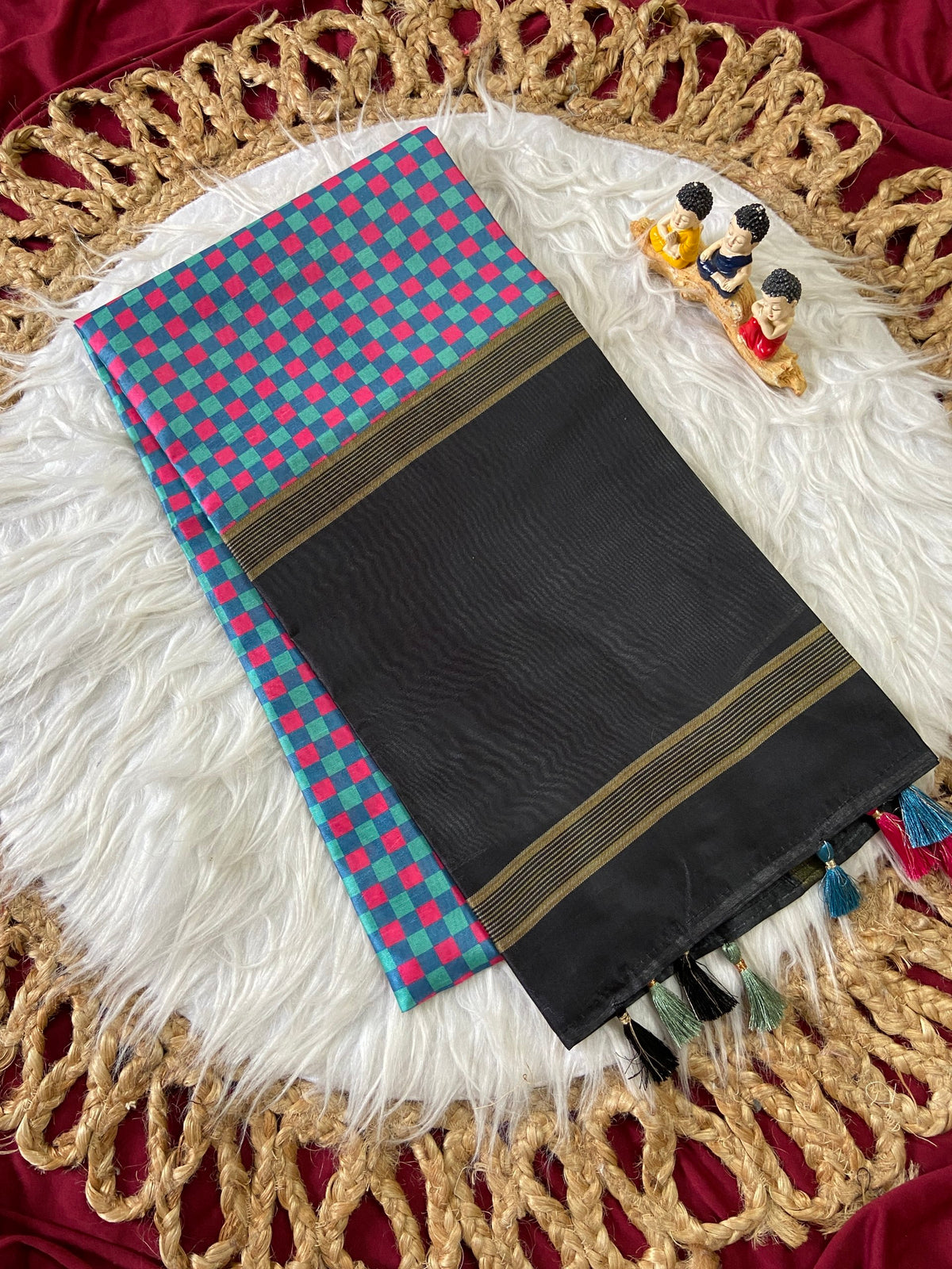 Black and Teal Tussar Silk Check Pallu Saree, view 2
