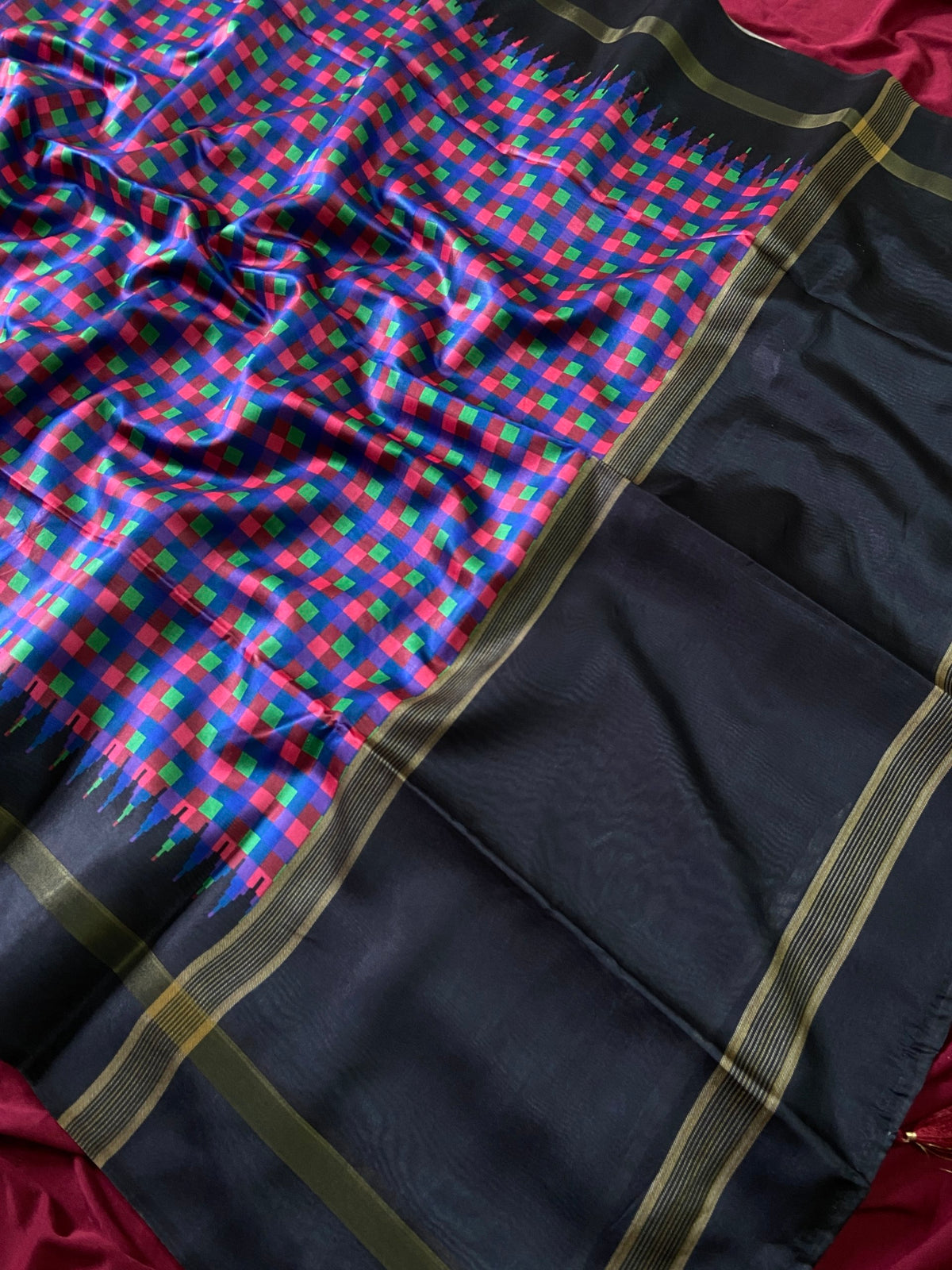 Black and Blue Tussar Silk Check Pallu Saree, view 3
