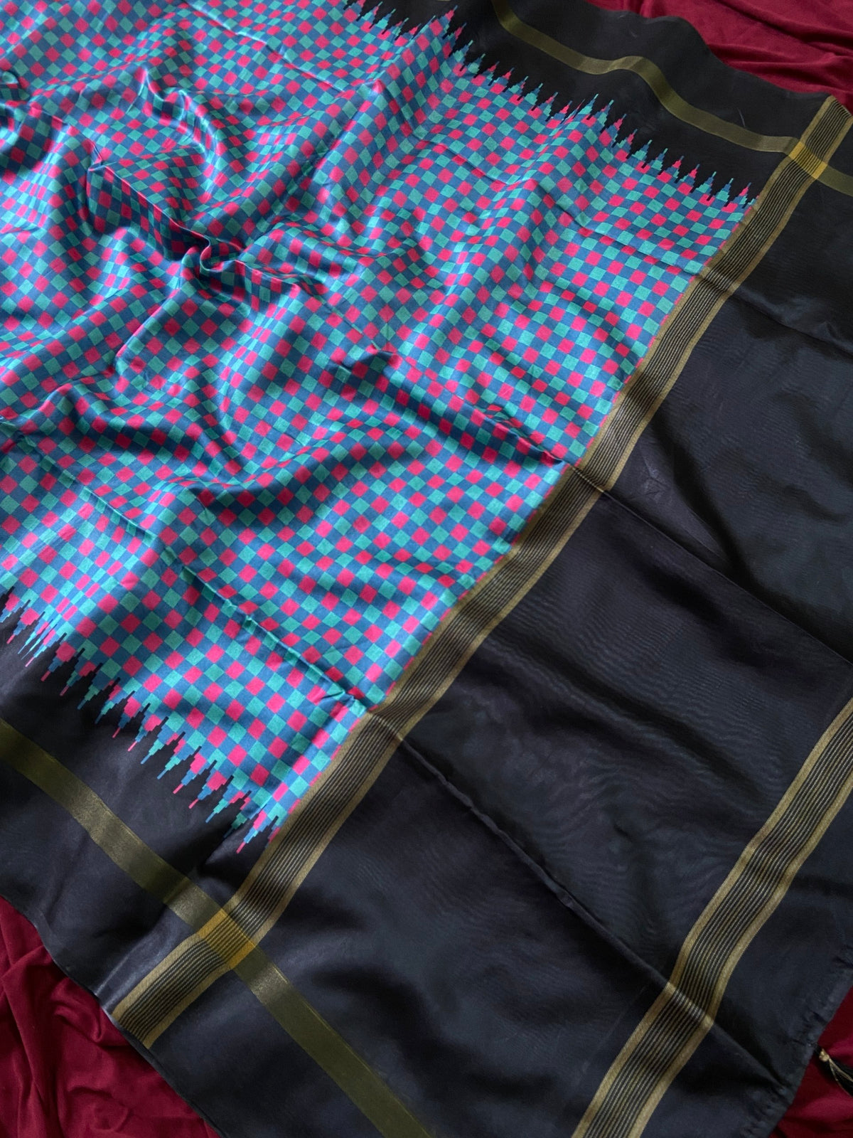 Black and Teal Tussar Silk Check Pallu Saree, view 3