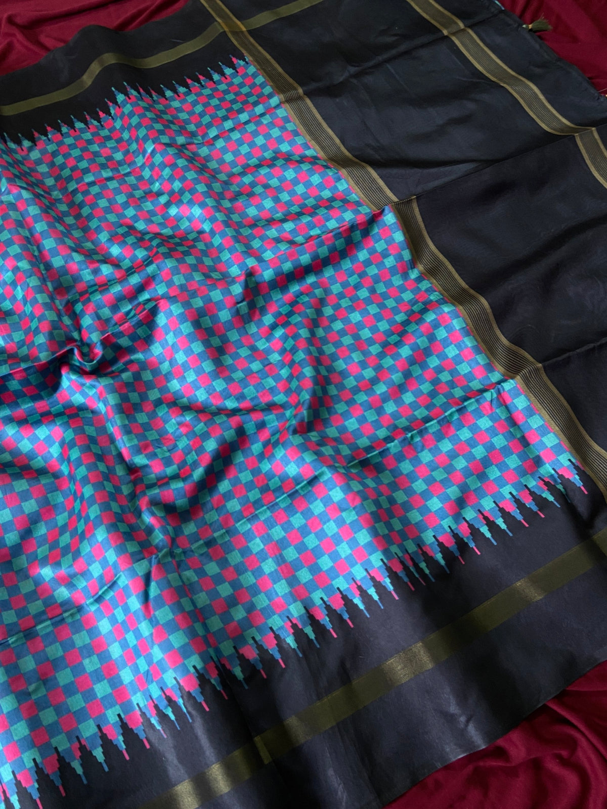 Black and Teal Tussar Silk Check Pallu Saree, view 4