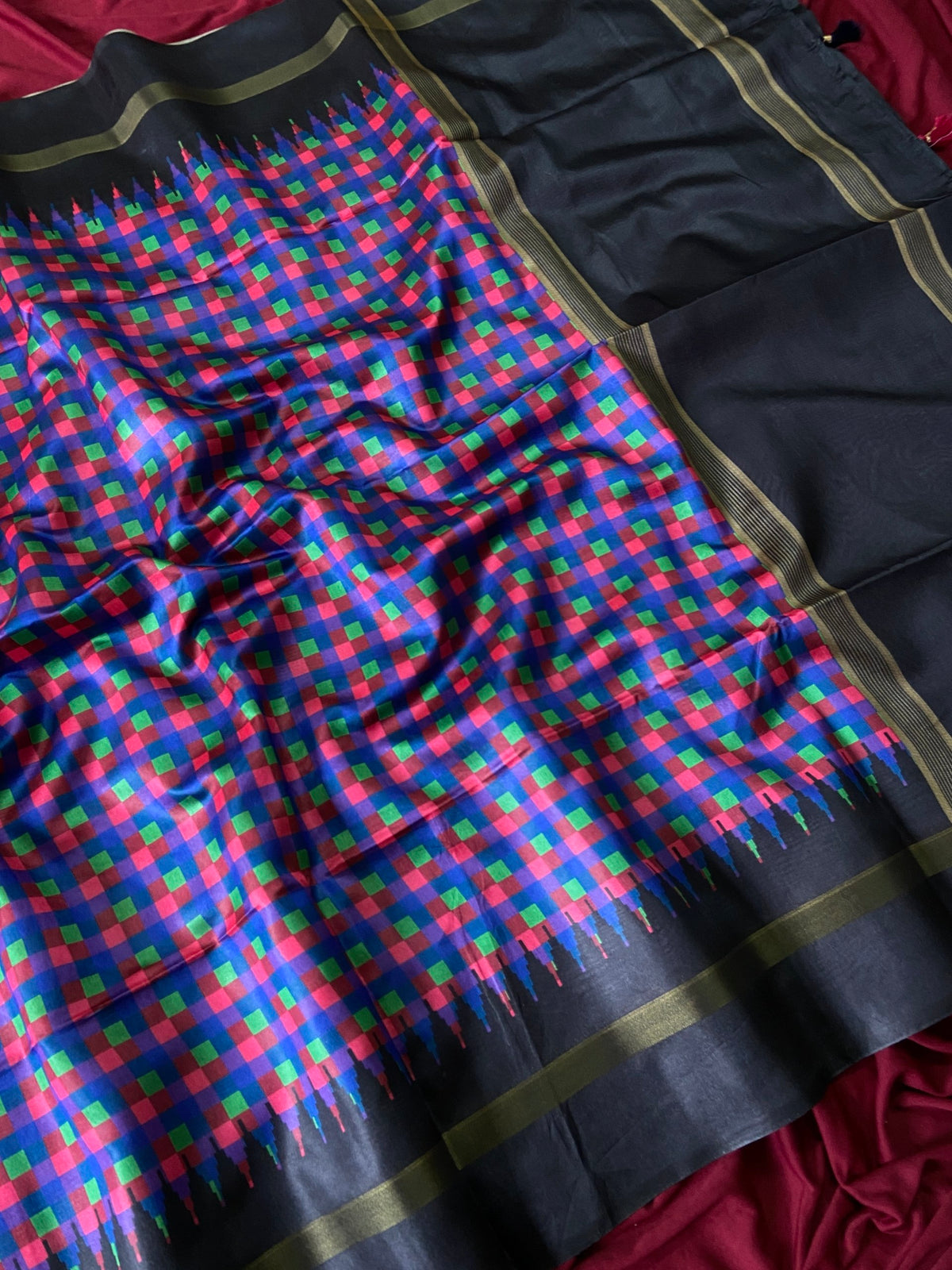Black and Blue Tussar Silk Check Pallu Saree, view 4