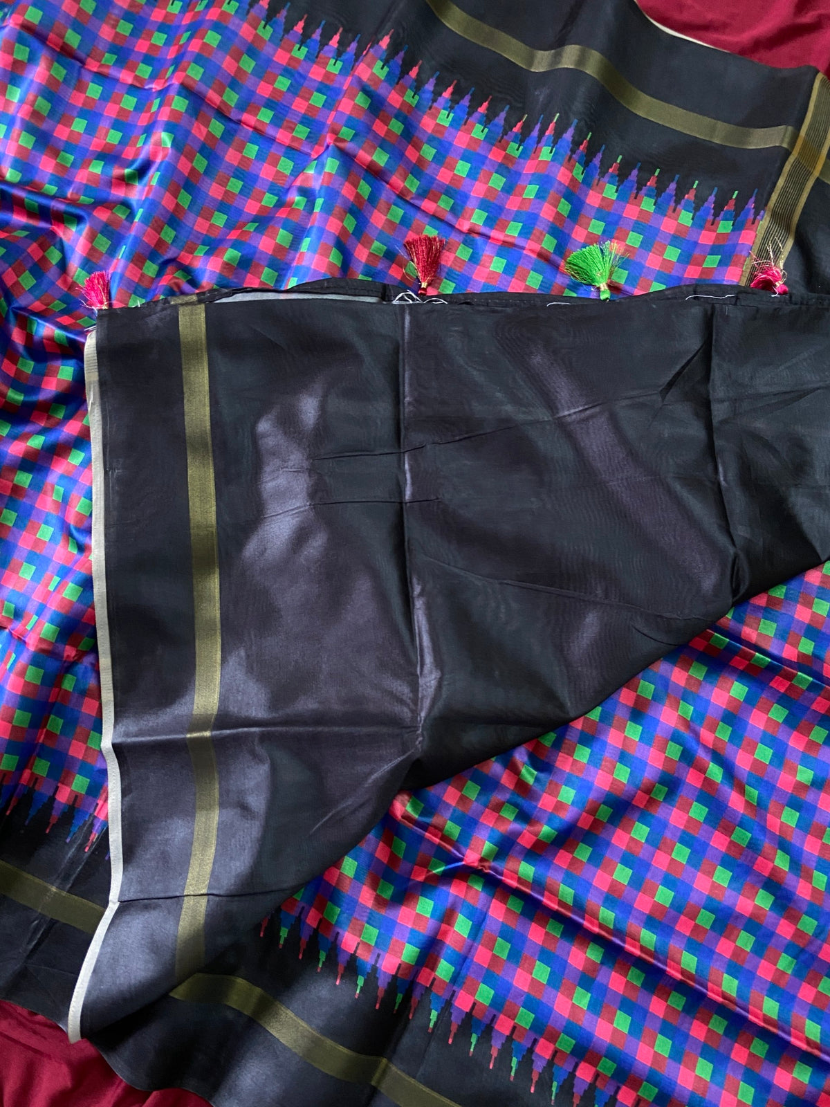 Black and Blue Tussar Silk Check Pallu Saree, view 5