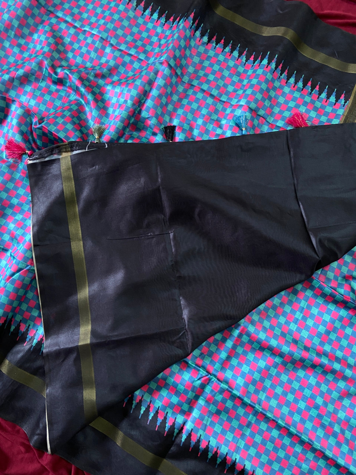 Black and Teal Tussar Silk Check Pallu Saree, view 5