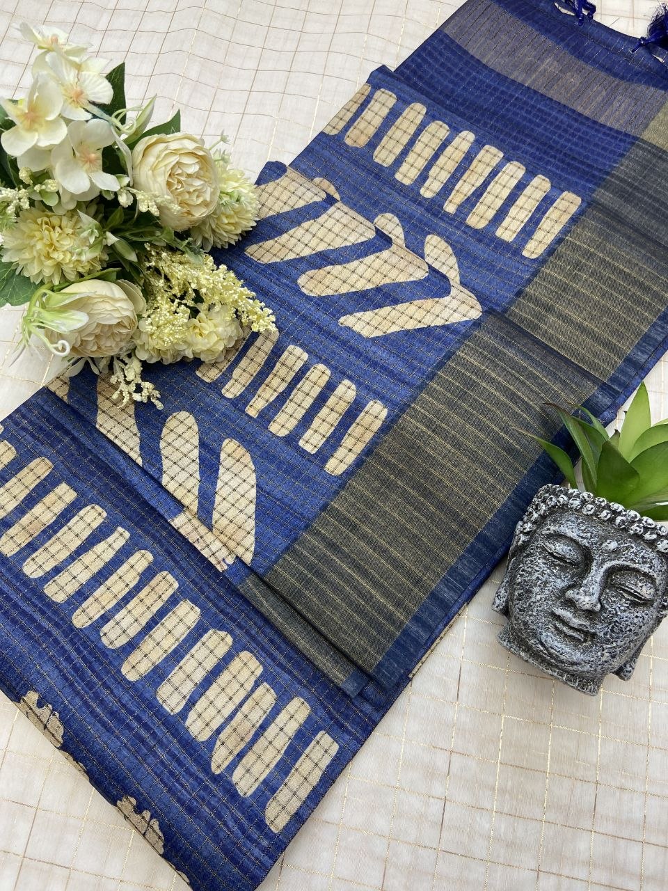 Royal Blue Tussar Silk Geometric Print Saree